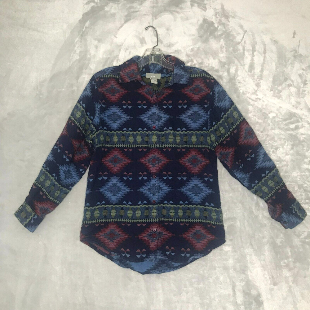 I.V.Y. Top Womens Small Blue Green Red Aztec Tribal Button Up Western Cowgirl